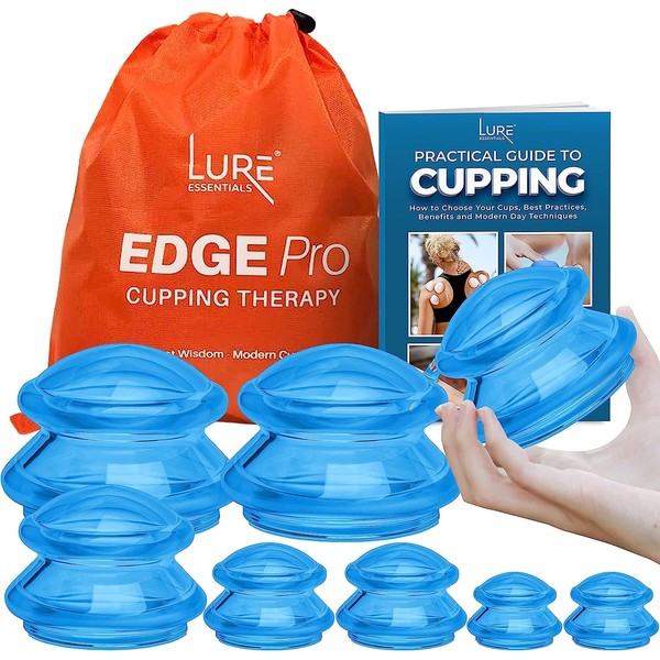 LURE Essentials Edge Cupping Therapy Set - Cupping Kit for Massage Therapy - Silicone Cupping Set - Massage Cups for Cupping Therapy, (8 Cups – 2XL, 2L, 2M, e-Book) - Blue