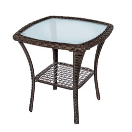 ATR ART TO REAL Outdoor Side Table, Indoor Outdoor Tempered Glass Top Wicker Coffee Bistro Table, All-Weather Patio Square Storage End Table, Steel Frame, 20''x 20''x20''