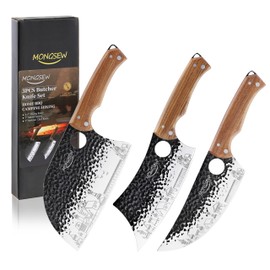 3 PCS Butcher Knife Set, 7" Butcher Meat Cleaver, 7" Serbian Chef Knife and 6.5" Viking Knife, Stainless Steel Cooking Cutting Kitchen Knife Set with Wood Handle, Great for Home, Camping, BBQ