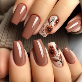 24Pcs Medium Square Fake Nails, Brown Press on Nails with Designs Flowers False Nails Full Cover Stick on Nails Glossy Glue on Nail Acrylic Artificial Nails for Women Girls Fall Winter Nail Decoration