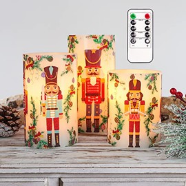 Revelbunny Nutcracker Christmas Flameless Candles, Battery Operated Flickering LED Candles with Remote Timer, Real Wax Pillar Candles for Holiday Party Home Decoration Christmas Gifts, Set of 3