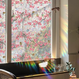 Runtoo Runtoo Window Privacy Film Rainbow Cherry Blossom Flower Window Clings 3D Decorative Window Vinyl Stained Glass Butterfly Floral Decals Static Cling Window Sticker Non-Adhesive, 15.75 x 40 inches