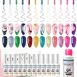 eodci Reflective Glitter Nail Art Gel Liner Set, 12 Colors Shiny Pink Purple Yellow Green Glitter Gel Polish for Swirl French Tip Painting Designs Soak Off Built Thin Brush DIY Nail Starter Kit
