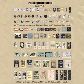 200 Pieces Vintage Ephemera Scrapbooking Supplies Pack for Journaling, Decoupage Paper Scrapbook Stickers Kit for Bullet Junk Journal Planners Collage Craft Notebooks Album (Space and Sea)