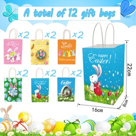 Easter Gift Bags,Easter Decorations,12 Pack Gift Bags Rabbit Eggs Goody Candy Pattern for Party Favors Gift Wrapping Supplies