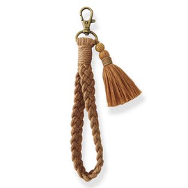 XGALBLA Soft Boho Macrame Keychain Bracelet Handmade Wristlet Keychain with Tassel Lava Rock Lanyard Weave Holder for Women, Coffee, Medium