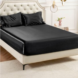 Bedsure Bedsure Satin Fitted Sheet Full Size - Black Silk Bed Sheet, Luxury & Ultra Soft, Non-Fading & Wrinkle Free, Good for Hair & Skin (Black, 54x75+15 Inches, 1 Piece)