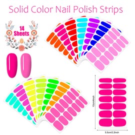 JERCLITY 196 Pieces 14 Sheets Fluorescence Solid Color Nail Polish Strips Vibrant Color Nail Wraps for Short Nails Nail Decals Self-Adhesive Nail Stickers Full Nail Wraps for Women Girls Nail Art