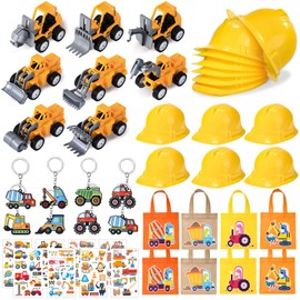 Toyssa Construction Site Party Bag Children's Birthday Party with Construction Party Hats Carry Bags Digger Key Ring Tattoo Truck Toy Cars Set for Boys Construction Children's Birthday Gift