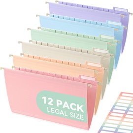 SortRax Legal Size Hanging File Folders, Sturdy Plastic, Pastel, 12-Pack
