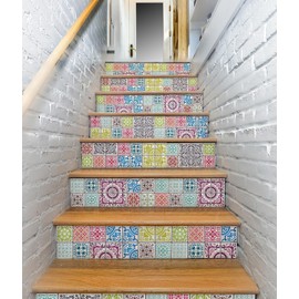 65 Units of 13designs Colorful Peel and Stick Tile Sticker DIY Decor for Backsplash and Stair Riser Staircase Self Adhesive Waterproof Vinyl Home Decal Wallpaper Decoration Victorian Spanish Talavera