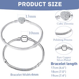 GUSXPPD Pack of 2 Heart Snake Charm Bracelets, Silver Bracelet for Charms, 17/18/19 cm Silver Snake Bracelet, Snake Link Bracelet, Bracelets with Heart Clasp, Copper, No Gemstone