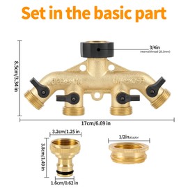 4 Way Brass Faucet, Heavy Duty Outdoor Hose Distributor, Water Pipe Distributor, Custom Shut Off Valve with 4 Individual 3/4" Taps and 3/4" to 1/2" Tap Connector for