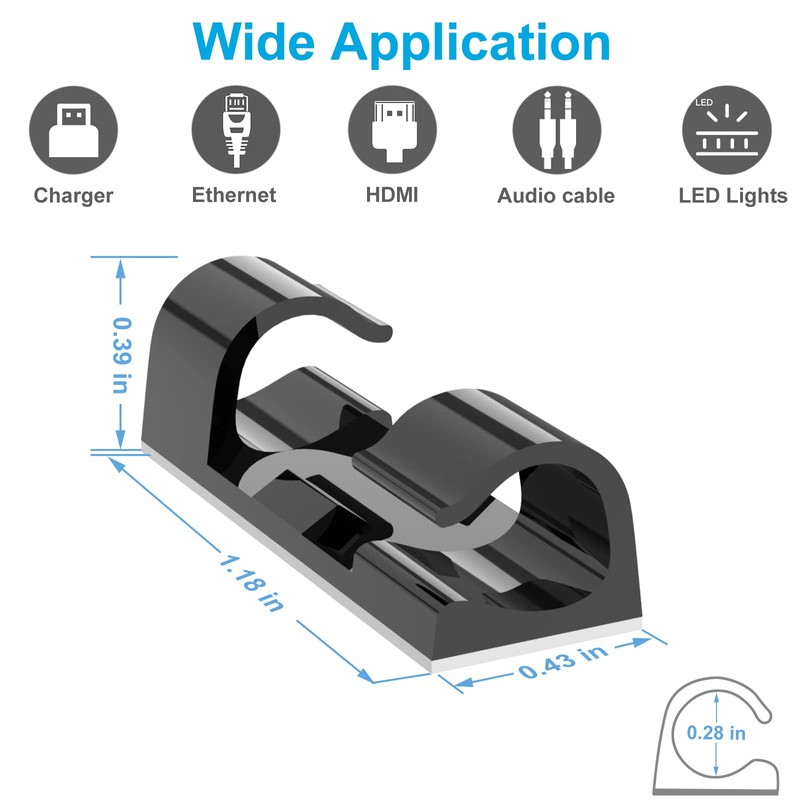 Self-Adhesive Cable Clips Black (40PCS, M), Upgraded Wire Clips for