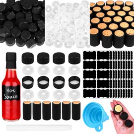 100Pack-402Pcs Leak-Proof Black Screw Caps Orifice Reducer Screw Caps Shrink Capsules Bands,Labels,Silicone Collapsible Funnel,Marker for Homemade Hot Sauce Bottles 5oz Oils DIY Crafts