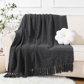 BATTILO HOME Dark Grey Throw Blanket for Couch, Decorative Knit Grey Blanket with Tassels, Soft Warm Cozy Couch Throw Blankets, 50" x 60"