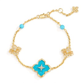 Fettero Gold Charm Bracelets for Women Clover Bracelet 14K Gold Plated Lucky Four Leaf Flower Pendant Turquoise Chain Gold Bracelet Jewelry