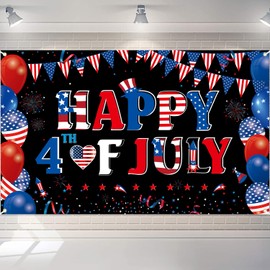 Happy 4th of July Backdrop Banner Independence Day Patriotic Theme Bunting Banner, Fourth of July Party Supplies White