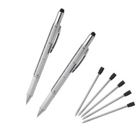 Multifunction Tool Pen, 6 in 1 Tool with Ballpoint Pen, Touch Screen Stylus, Ruler, Spirit Level, Flat-head and Phillips Screwdriver, All-in-One Tech-Tool Pen with Ink Refills (2×Silver + 5×Refills)