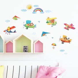 DECOWALL DS4-8026 Animal Biplanes (Small) Kids Wall Stickers Decals Peel and Stick Removable for Nursery Bedroom Living Room Art murals Decorations
