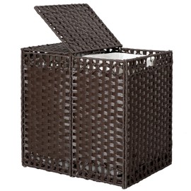 130L Foldable Laundry Hamper with Lid - Handwoven Rattan Storage Basket, 2-Section Clothes Hamper w/2 Removable Liner Bags, Easy Assembly, Portable for Bedroom Bathroom Dorm,Brown