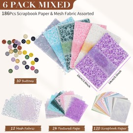 OFNMY Scrapbook Paper Set,186Pcs Textured Scrapbook Paper and Mesh Fabric Assorted Set,240Pcs Vintage Floral Scrapbook Paper & Textured Paper & Label Journaling Stickers Assorted Set for Scrapbooking