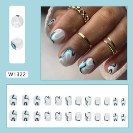 Vezocim White Artificial Square Fake Nails, 24Pcs Press on Nails Short with Blue White Line Designs, Glossy Full Cover Coffin Acrylic False Nails, Glue Fingernails with Charm for Women