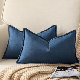 Yaertun Set of 2 Linen Pure Colour Decorative Cushion Covers Modern Cushion Covers Bedroom Sofa Living Room Decorative Cushion Bed Cushion Cover Sofa Cushion 40 x 80 cm Navy Blue