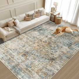 10x14 Area Rugs Washable Rug: Large Vintage Abstract Living Room Rug Soft Anti-Skid Thin Carpet Indoor Floor Stain Resistant Carpets for Bedroom Dining Farmhouse Nursery Home Office Multi