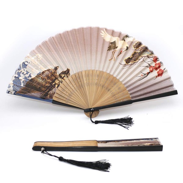1SourceTek Silk Hand Held Fan 8.27 inches (21cm) Hand Fans for Women Folding, Hand Fan Folding for Gift, Decoration - Japanese Retro Style (Tortoise and Crane)