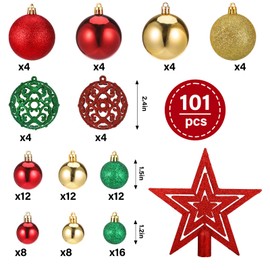 Zocipro 101Pcs Baubles Christmas Decorations, Christmas Tree Baubles Set Diameter Ø 3, 4 and 6cm, Red, Green & Gold Christmas Balls Xmas Tree Baubles with Lanyard, Christmas Tree Balls Decoration