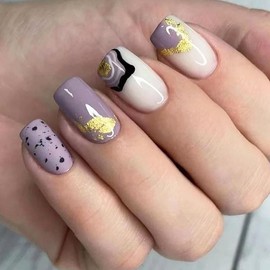 BAOYAALIN Press on Nails Medium Square Fashion Purple Fake Nails with Abstract Design, Press ons Artificial Acrylic Full Cover Glitter False Stick on Nail for Women Girls Daily Wear Wedding 24Pcs