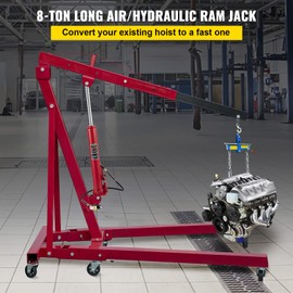 VEVOR Hydraulic/Pneumatic Long Ram Jack, 8 Tons/17363 lbs Capacity, with Single Piston Pump and Clevis Base, Manual Cherry Picker w/Handle, for Garage/Shop Cranes, Engine Lift Hoist, Red