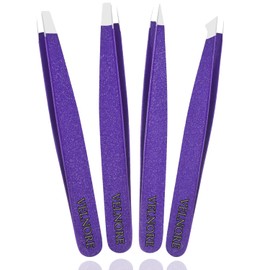 Set of 4 Professional Eyebrow Tweezers – Stainless Steel Tip Eyebrow Tweezers for Blackhead Removal for Men, Women (Purple)