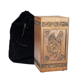 ARRAWIS Hand-Engraved Wooden Urns for Human Ashes Adult - Hummingbird Cremation Urn for Ashes - 250 Cubic Inches Large Capacity Solid Wood Funeral Memorial Box with Black Satin Bag