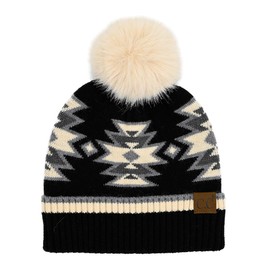 C.C Southwest Pattern Pom Beanie for Women Unisex - Stretchable Soft Warm with Faux Fur Pom Knit Winter Skully Hat (Black)