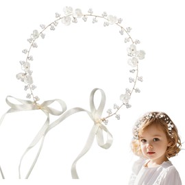 Flower Girl Headpiece White Pearl Flower Headband Flowers Girl Hair Accessory Princess Girls Wedding Hair Accessory Headband for Girls Birthday Party First Communion (Style 1, 35 cm)