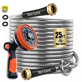 Rosy Earth Metal Garden Hose 25ft, Lightweight Steel Water Hose with 8-Mode Wide Nozzle