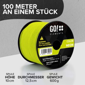 GO!elements 100 m Paracord Rope Made of Tear-Resistant Nylon - 3 mm Paracord 425 Type II Max. 192 kg - Cord for Outdoor Ropes, All-purpose Ropes, Survival Ropes, Bracelets, Dog Leads, Nylon Cord, yellow
