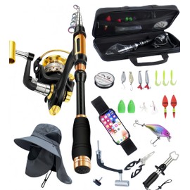 BNTTEAM Portable Fishing Spinning Rod and Reel Combo Set Carbon Fiber Fluorescent Rod Tip, with Fishing Lures Line Carrier Bag Kits for Travel Surf Saltwater Freshwater (Black, 2.1M/82.6in/6.88ft)