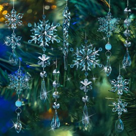 JarThenaAMCS 15Pcs Crystal Christmas Ornament for Christmas Tree Decorations Blue Snowflake Icicle Acrylic Drop Pendant Charm Wall Hanging Decoration for Xmas Winter Wonderland Party Supplies
