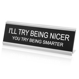 I'll Try Being Nicer You Try Being Smarter Desk Sign, Funny Office Decorative Novelty Nameplate Humor Desk Plaque Naughty Gift for Coworker Colleague Manager Boss Teacher (Silver Frame)