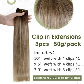 RUNATURE Clip-In Real Hair Extensions, Balayage Dark Brown to Brown with Blonde Real Hair Clip-In Extensions, Remy Clip-In Hair Extensions, Straight #3/8/22, 50 g, 25 cm