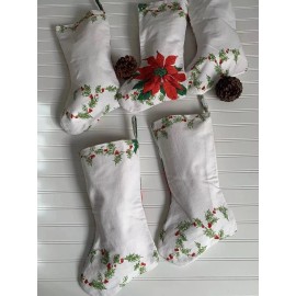 Handmade Vintage Handmade 50s Christmas Stocking Red White Poinsettia Holly 17” Lovely!
