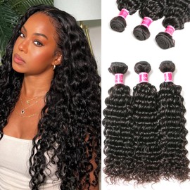 Deep Wave Bundles Human Hair Brazilian Water Wave 10A 100% Unprocessed Deep Curly 3 Bundles 20 20 20 Inch Double Weft Weave Natural Color
