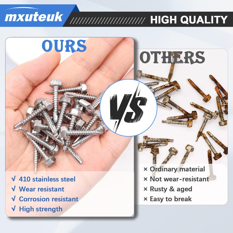 mxuteuk #8×3/4" Hex Washer Head Self Tapping Screws 410 Stainless