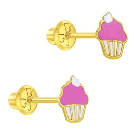 14k Yellow Gold Pink & White Enamel Cupcake Screw Backs for Young Girls-Preteens, Cute Stud Earrings for Young Girls- Small Cupcake Studs for Children, Lovely Little Cupcakes for Girls, Food Stud