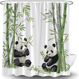 UPUMKSK Cute Panda Shower Curtain Green Leaves Tree Asian Art Painting Funny Wildlife Watercolor Nature Plant Cartoon Chinese Animal Bath Curtain with Hooks