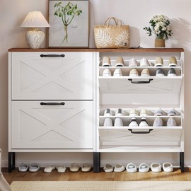 YITAHOME Shoe Storage Cabinet Entryway, 2 Flip Drawers Freestanding Shoe Organizer with Metal Legs, Narrow Shoe Storage Rack Cabinet, White