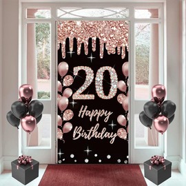 20th Birthday Decoration for Girls Happy 20.th Birthday Poster Door Banner Black and Rose Fabric Sign Wall/Door Banner 20th Birthday Background Banne r Girls Birthday Party Welcome Sign